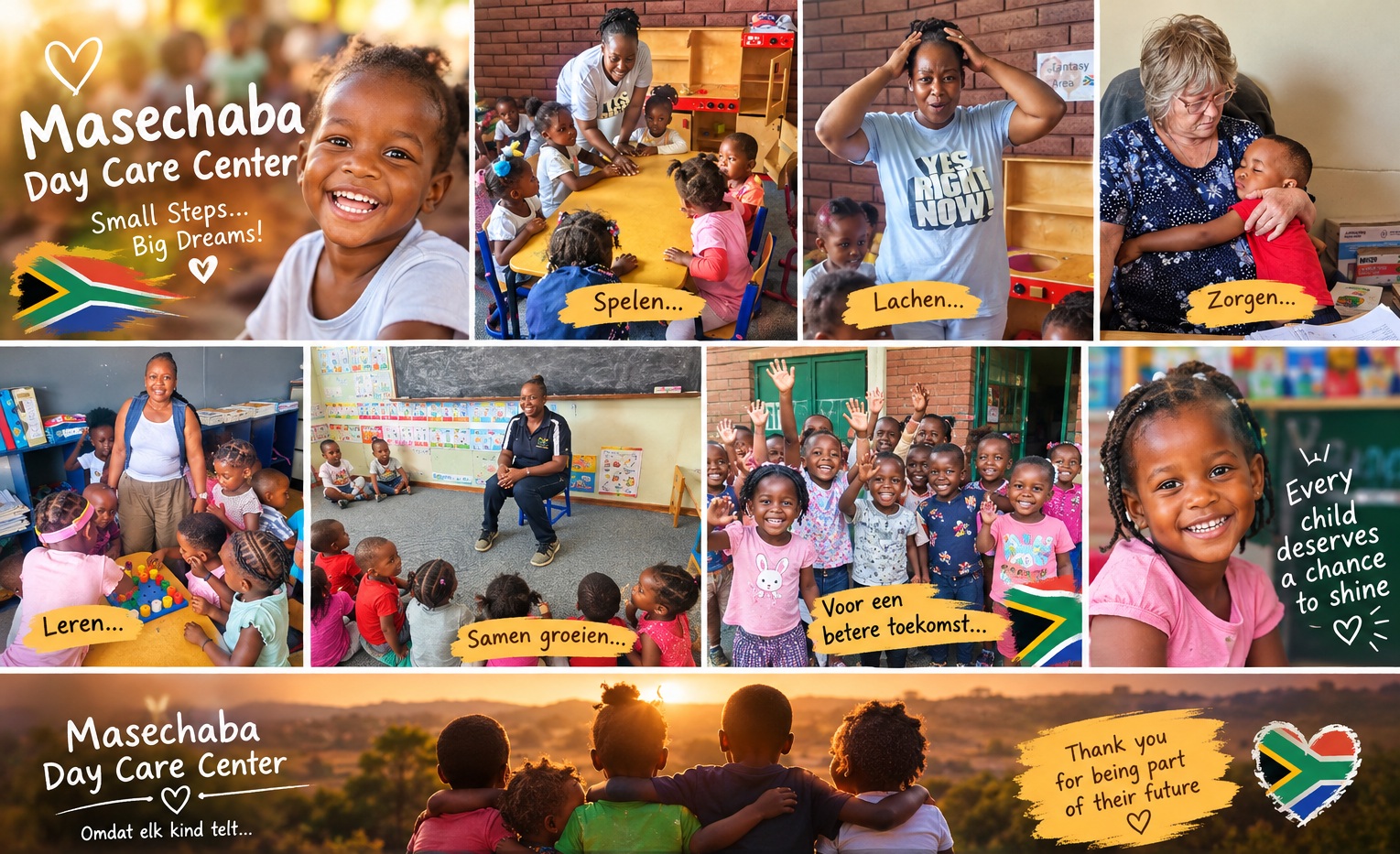 Masechaba Day Care Center – een plekje in ons hart 🇿🇦
Soms zijn het juist de kleine momenten die je het diepst raken. Een kind dat je stralend aankijkt, een spontane lach, kleine armpjes die je omhelzen… Het zijn die momenten die je eraan herinneren hoe waardevol liefde en aandacht zijn.
De kinderen van Masechaba Day Care Center hebben ieder hun eigen verhaal, hun eigen dromen en hun eigen toekomst. En wat gunnen we ze allemaal een wereld vol kansen, warmte en geluk.
Kleine stappen, grote dromen… Dat is waar het om draait.
Samen bouwen aan een plek waar kinderen kind mogen zijn en waar iedere glimlach telt.
Dankbaar voor iedereen die op welke manier dan ook betrokken is bij Masechaba. Iedere vorm van liefde, steun en betrokkenheid kan een verschil maken. Misschien veranderen we niet de hele wereld, maar voor een kind kunnen we wél een wereld van verschil betekenen.
En dat is precies waarom dit zo bijzonder is, omdat achter ieder kind een verhaal schuilt dat het waard is om gekoesterd te worden.
Ieder kind verdient een kans om te stralen.
Help ons Helpen, vandaag, morgen en alle dagen daarna. 🙏
#masechabadaycarecentre #Ubuntu #southafrika #HopeForChildren #GiveBack #ChildcareSA Minder weergeven